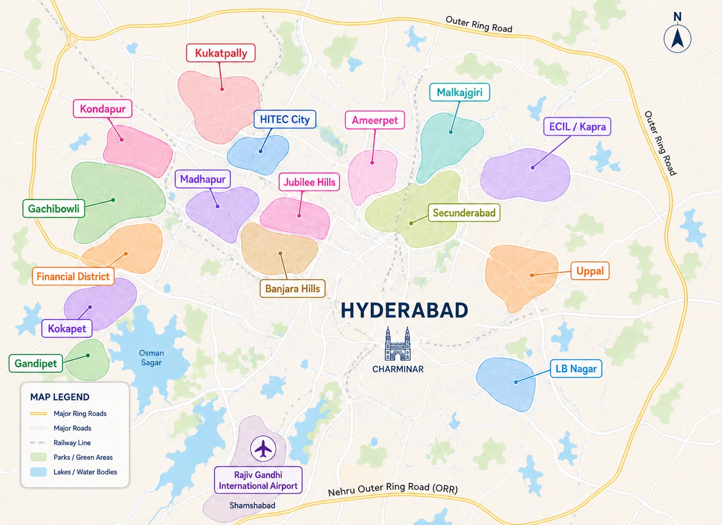 Map of Hyderabad showing the areas where expats commonly live, including Jubilee Hills, Banjara Hills, Gachibowli, Kondapur, Financial District, Kokapet, and their position relative to the old city and airport